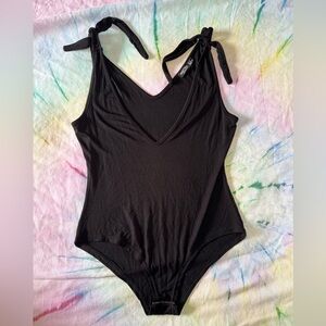 Nasty Gal Deep Plunge V-Neck Black with Tie-Shoulder Bodysuit